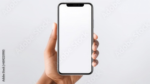woman hands holding cell phone, mockup white blank display, empty screen, 16:9 photo