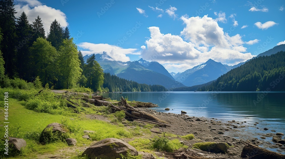 Beautiful mountain lake scenery with clear still water, mountain ridge, dense forest, meadow shores and tall pine trees in the foregroun