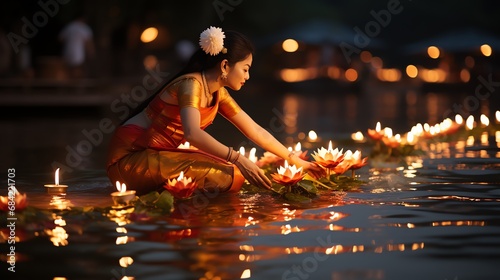 Beautiful Thai woman in Thai dress on a wooden background and holding a Krathong. To float in the lake on Loy Krathong Day. Generate AI