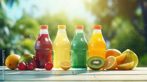   bottles of fruit juice with fresh fruits with nature green background.generative ai