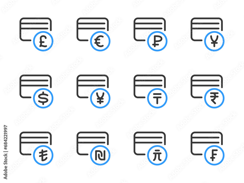 Obraz premium Credit card and International currencies vector line icons. Finance and Payment outline icon set.
