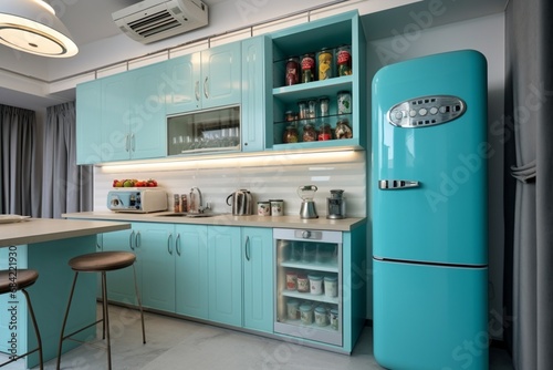 Interior of kitchen with stylish fridge, counters and shelves