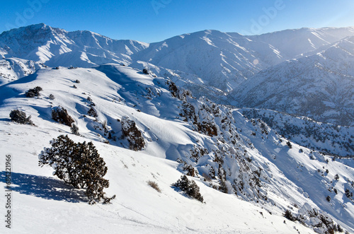 scenic view of  Nurekata valley and Chimgan mountains from Amirsoy ski resort  Tashkent region  Uzbekistan 