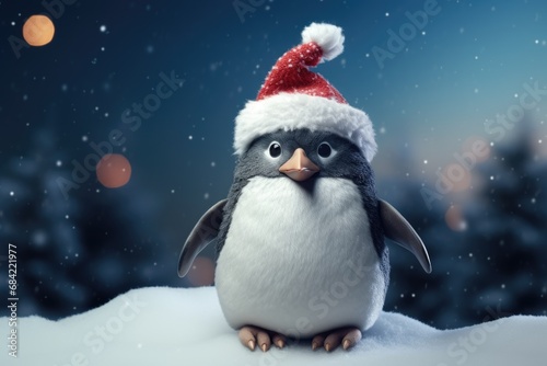 Cute little penguin in red hat on blurred blue background with snow. Christmas cute cartoon character. Winter holidays concept. Christmas and New Year greeting card or banner with copy space © ratatosk
