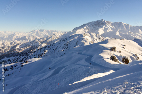 scenic view of Tian Shan mountains from Amirsoy ski resort (Tashkent region, Uzbekistan) photo