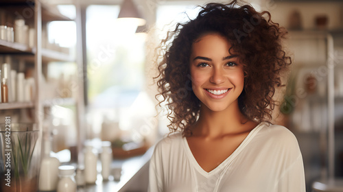 woman with luxurious curly hair, wearing a white shirt