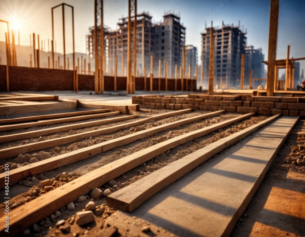 Construction site and wooden scaffolding on sunny day with perspective Construction site and wooden scaffolding on sunny day with perspective