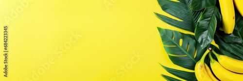Beautiful and appetizing sweet golden bananas with green tropical leaves on clear yellow background with copy space. Summer freshness fruits. Healthy eating, raw food, vegan vitamins food concept