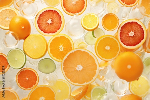 Slices of fresh juicy oranges, sweetie, lemons, grapefruits and limes. Citrus fruits cut pattern. Vibrant color summer design. Flat lay, top view