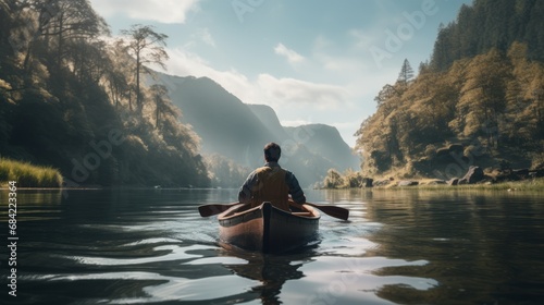 Man rowing a boat on a lake or river