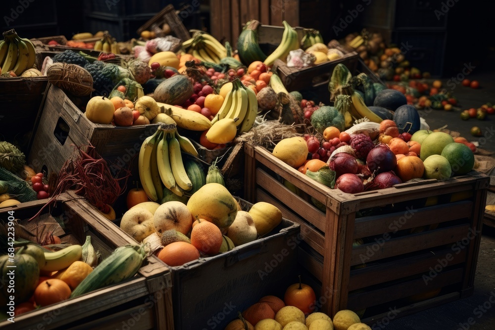 Boxes of fruits and vegetables in the backyard of the store, surplus products prepared for landfill. The problem of overproduction and irrational consumption. 