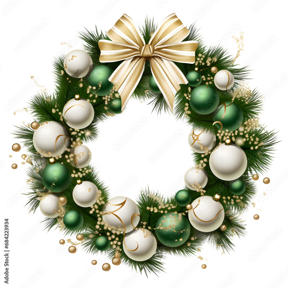 Festive Christmas wreath adorned with a large red ribbon, golden baubles, and holly berries, white background