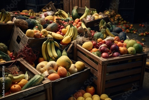 Boxes of fruits and vegetables in the backyard of the store, surplus products prepared for landfill. The problem of overproduction and irrational consumption.  photo