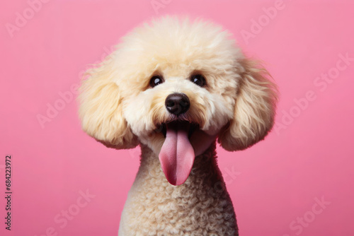 poodle in center frame dog sticking its long tongue out on solid pink background. ai generative photo