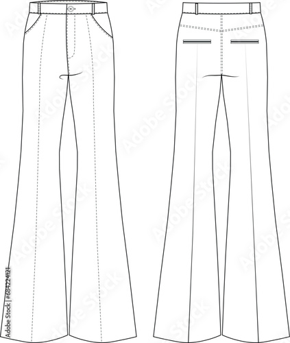wide leg palazzo pant trouser template technical drawing falt shketch  cad mockup fashion woman