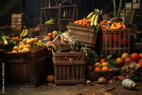 Boxes of fruits and vegetables in the backyard of the store, surplus products prepared for landfill, scattered spoiled fruits. The problem of overproduction and irrational consumption. 