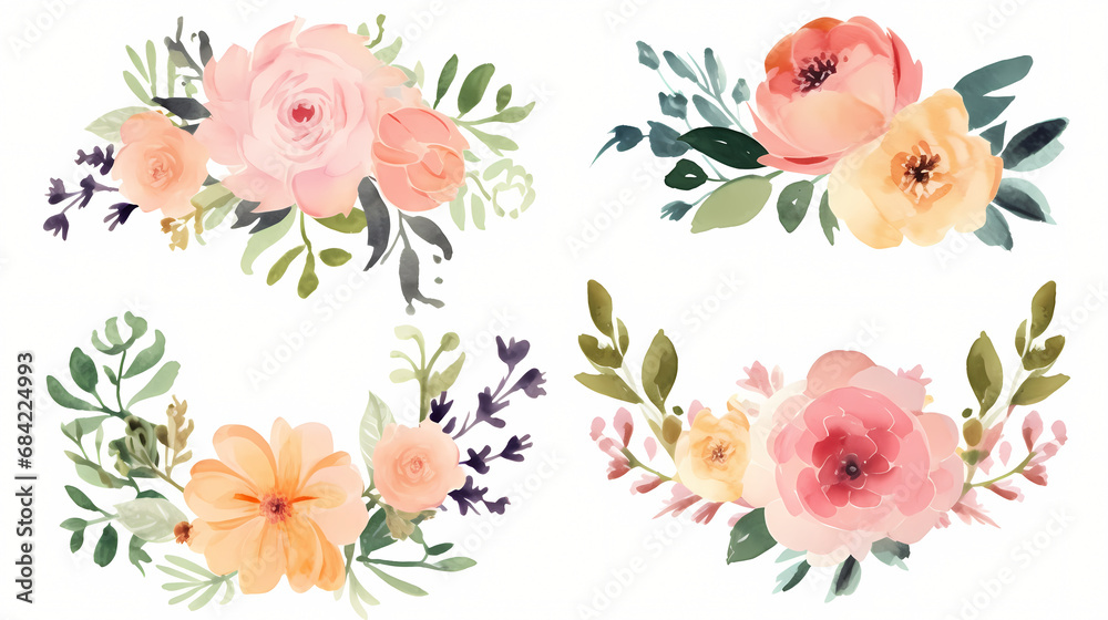 Watercolor floral bouquet collection - obrazy, fototapety, plakaty 