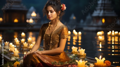 Beautiful Thai woman in Thai dress on a wooden background and holding a Krathong. To float in the lake on Loy Krathong Day. Generate AI © Busran