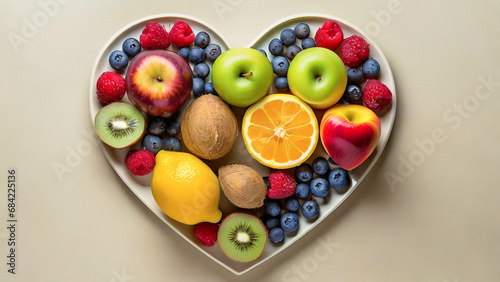 Healthy and fresh fruits in the shaped plate of heart in the concept of health consciousness