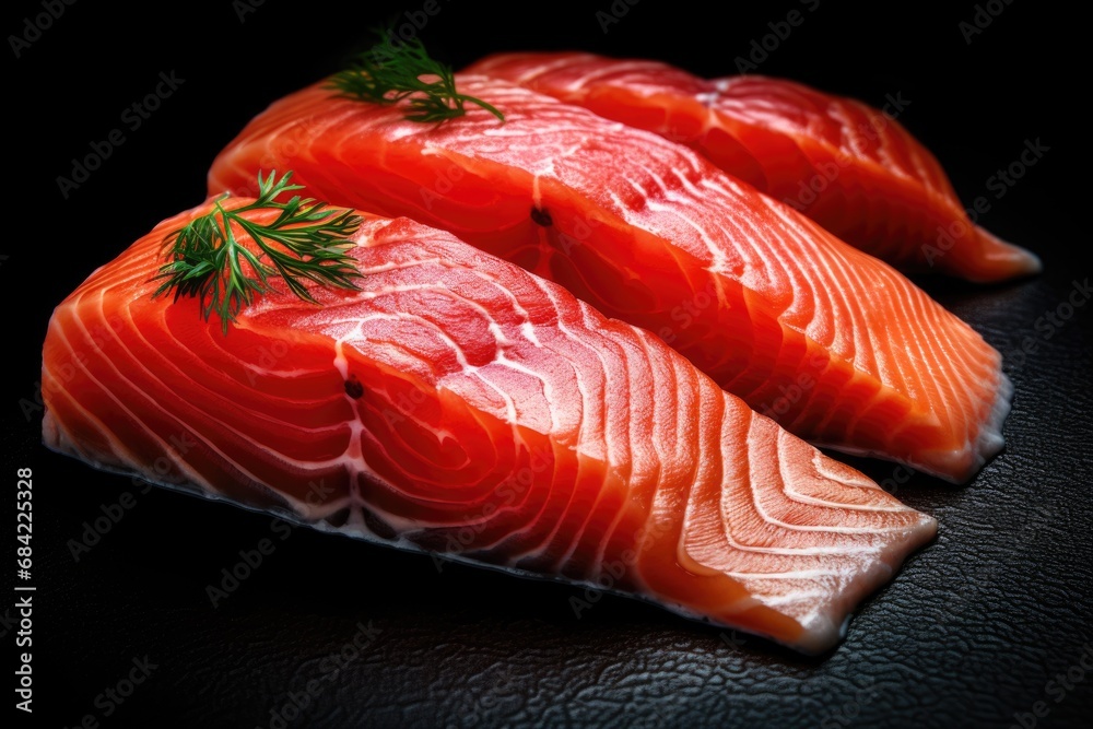 Portioned raw salmon fillet steaks on black background. Closeup red chilled uncooked fish on the counter. Healthy vegetarian food concept