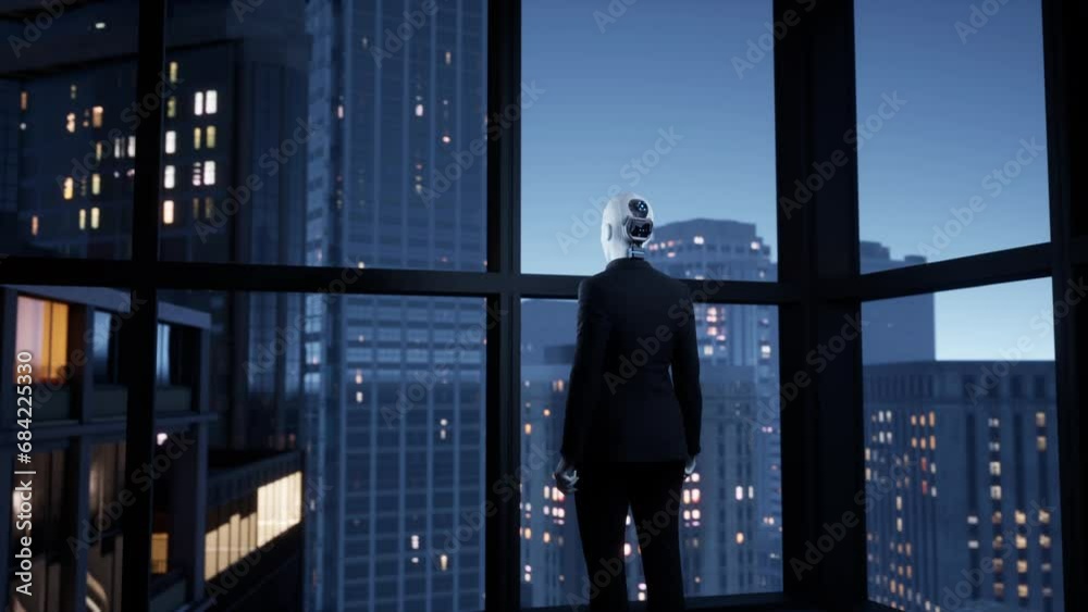 A robot humanoid staying in the empty office and looking out the window at the big city. future technology concept A robot humanoid staying in the empty office and looking out the window at the big city. future technology concept