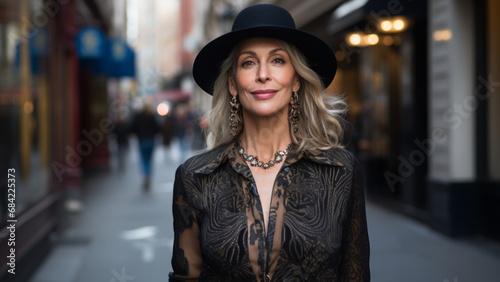 beautiful women 47 year old look like35 staning wearing fashion style luxury clothing walking on bond street photo