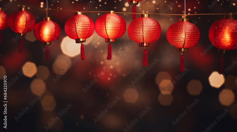 Many red lanterns hang from string against a dark background, chinapunk. Chinese new year Many red lanterns hang from string against a dark background, chinapunk. Chinese new year