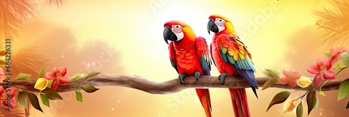 Two parrots in tropical leaves and flowers sitting on a branch. Harlequin Macaw. Watercolor exotic floral illustration for design, print or background photo