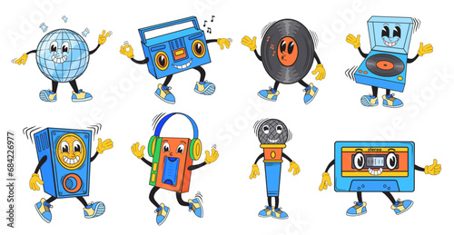 Retro music mascots. Vintage stereo musical devices characters dance sneaker on acid party, funny cartoon monster disco ball, radio vinyl record dj beatbox neat vector illustration