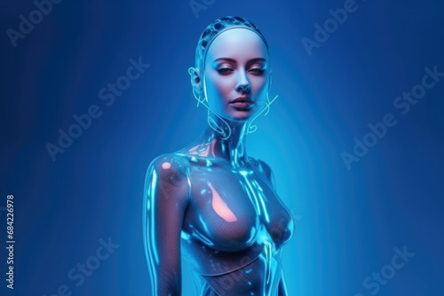 Hyperrealistic female hologram blue colors, blue background, Generative Ai
