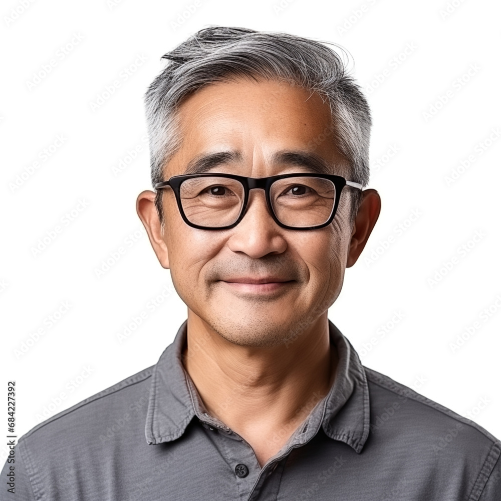 portrait of middle aged asian male man with glasses . white background . generative ai