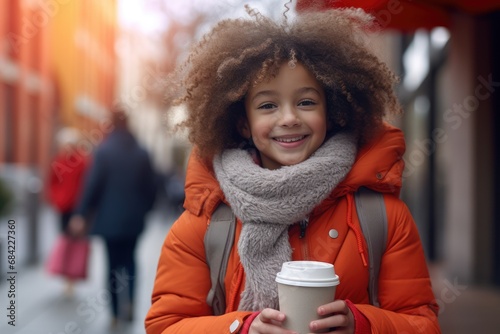 Cute girl in warm clothes holding disposable cup of takeaway hot drink in the street in winter day. Happy child drinking cocoa or tea. Christmas holiday and New Year concept for banner, poster, card