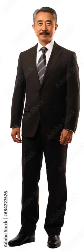 portrait of middle aged asian male man with mustache wearing a business suit . white background . generative ai portrait of middle aged asian male man with mustache wearing a business suit . white background . generative ai