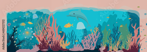 Abstract aquarium illustration with dolphin, jellyfish and fish 