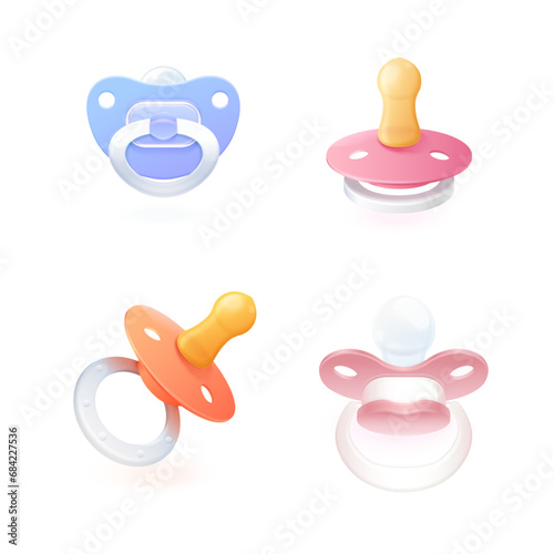 Realistic pacifier. Soother for newborn baby, 3d plastic dummies soft rubber or silicone nipple, newborns accessories infant child kid boy girl toddler, exact vector illustration photo