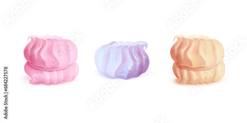 Meringue. Realistic zephyr, marshmallow or whip cream french desserts, chocolate frosting creamy sprinkle topping for pastry cupcake, natural meringues 3d exact vector illustration