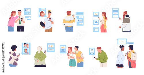 People use smartphones. Youth senior characters using mobile phones, human smartphone addiction smart cellphone technology, online network internet surf classy vector illustration