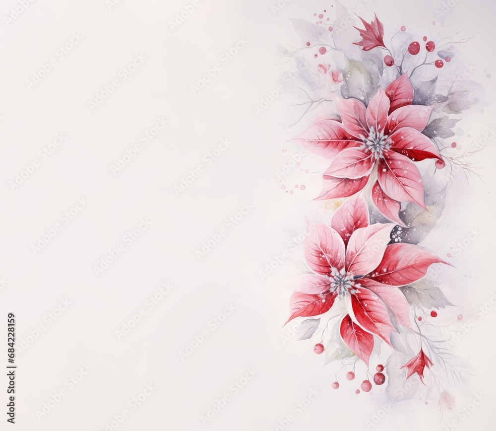 Fototapeta premium Winter poinsettia flower branches on white background, card, copy space