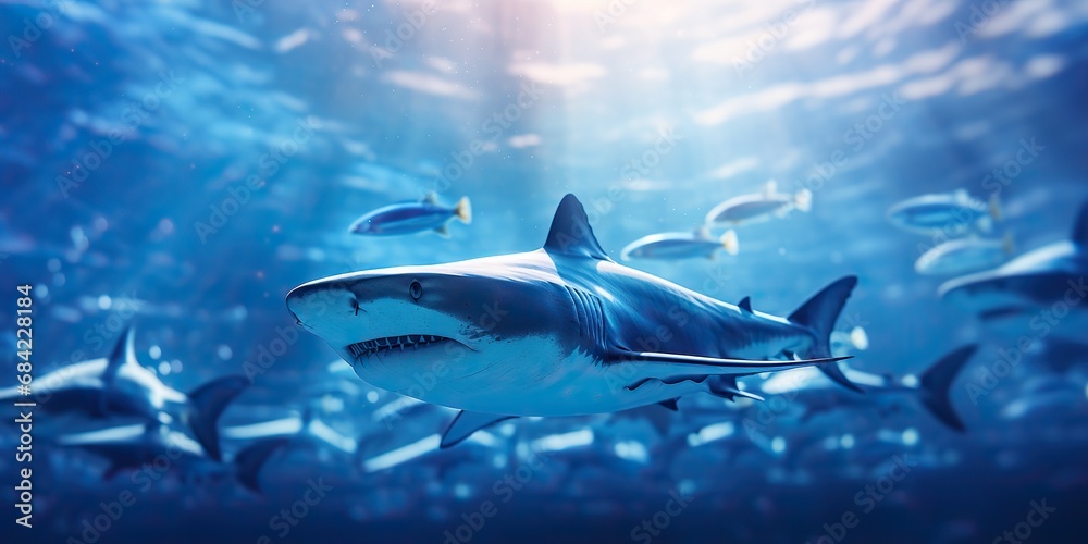 Obraz premium Wild life under water nature outdoor sea ocean big fish blue shark background. Deep dive scuba diving hunter animal