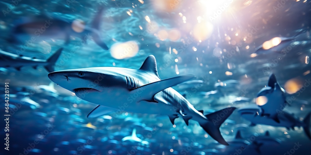 Obraz premium Wild life under water nature outdoor sea ocean big fish blue shark background. Deep dive scuba diving hunter animal