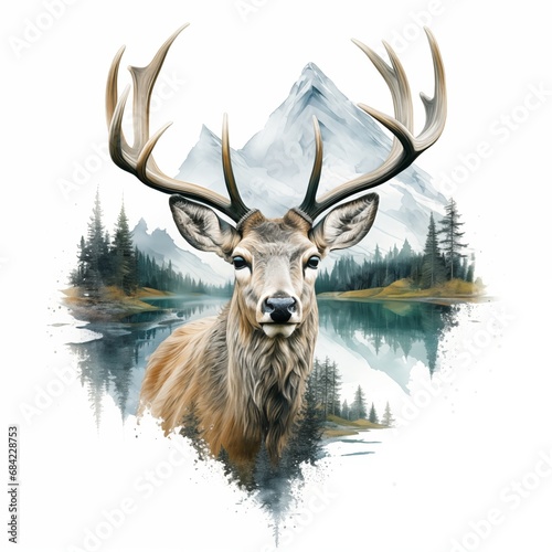 Double exposure of deer with nature landscape watercolor style.