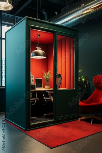 Sound booth in modern office, green and red colors of contrasts.