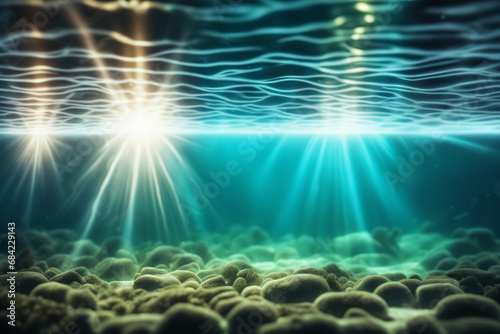 Hintergrund Unterwasser Welt mit Sonnenstrahlen auf der Wasseroberfläche Hintergrund © Pixelot