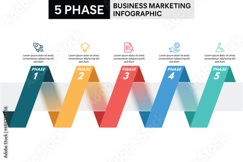 5 Step Zigzag Shape Glassmorphism Infographic. Colorful Vector Illustration for Business Financial Report.
