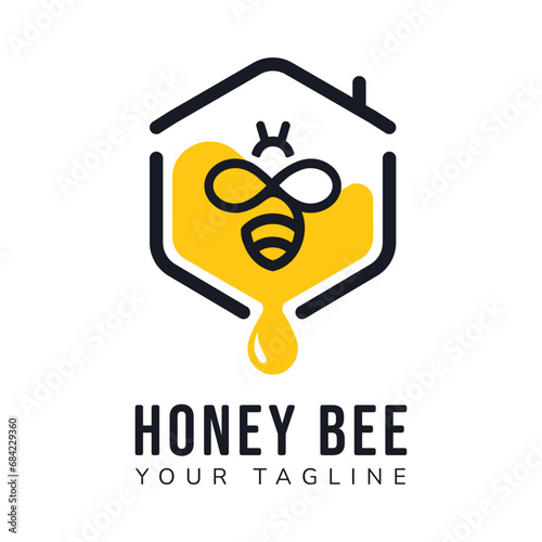 Honey bee house logo design, honey bee house or home with hexagonal honeycomb and honey drop design concept. Modern and minimalist Flat logo vector Illustration.