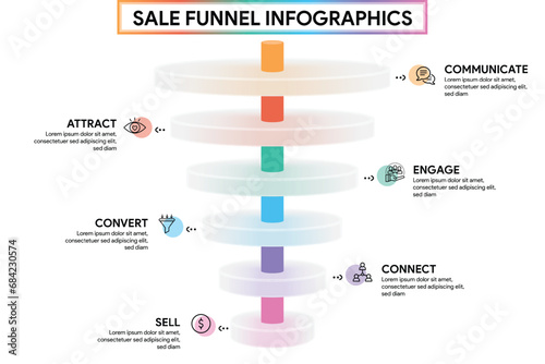 6 Phase Funnel Diagram in Glassmorphism Style. Circle Shape with Cylinder Pipeline Infographic Template Illustration for Business Report.