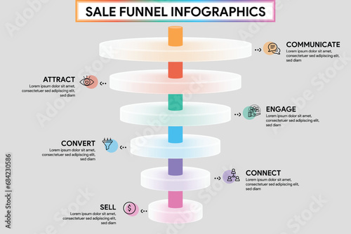 6 Phase Funnel Diagram in Glassmorphism Style. Circle Shape with Cylinder Pipeline Infographic Template Illustration for Business Report.