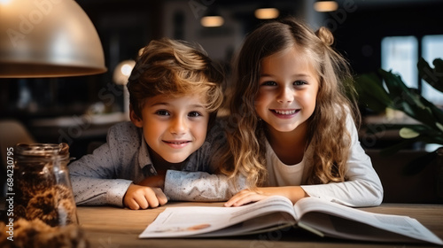 little boy and girl reading a book, smart children, child, kid, student, son, daughter, siblings, brother, sister, cozy home, table, room, evening, fairy tale, study, learning, family, children's room