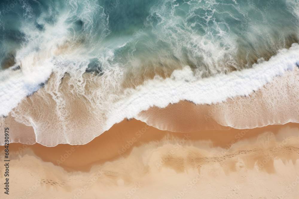 Fototapeta premium Sandy beach, turquoise ocean and waves, top view, summer landscape