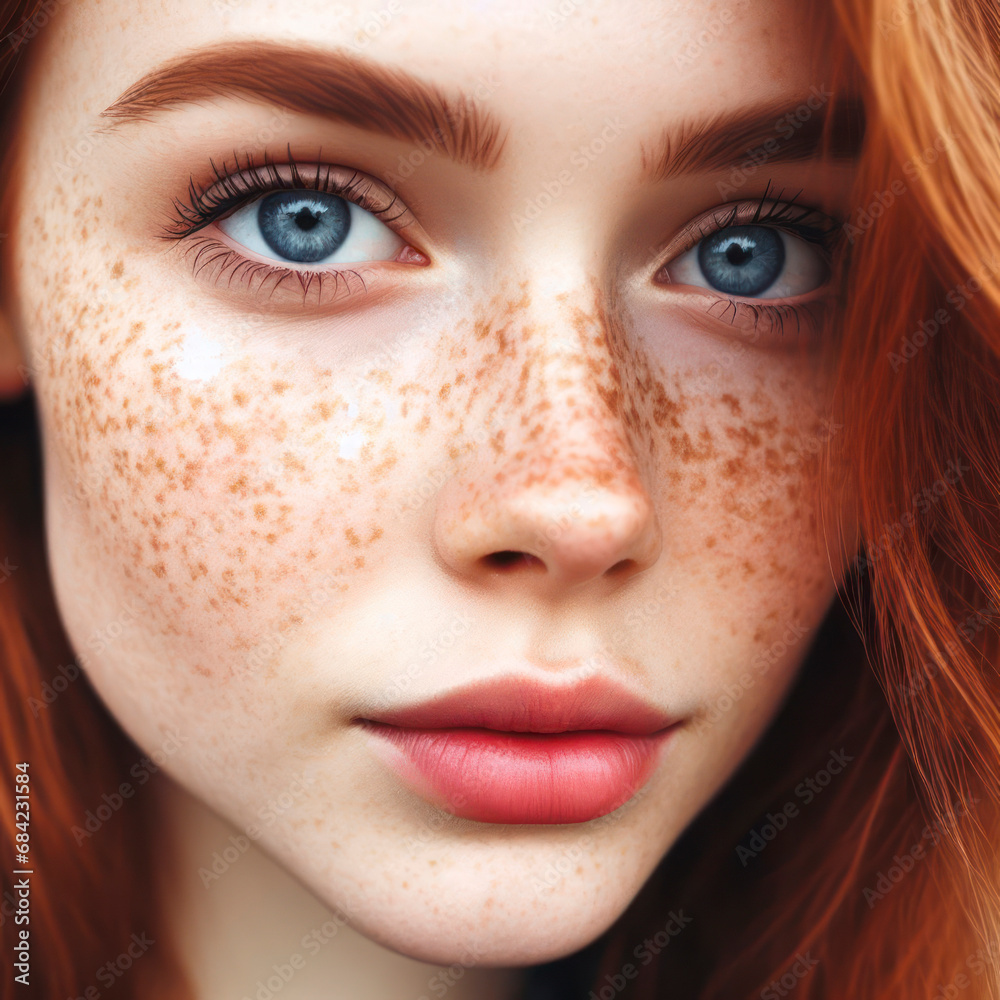 Fototapeta premium This closeup portrait of young woman with red hair, blue eyes and many freckles. ai generative